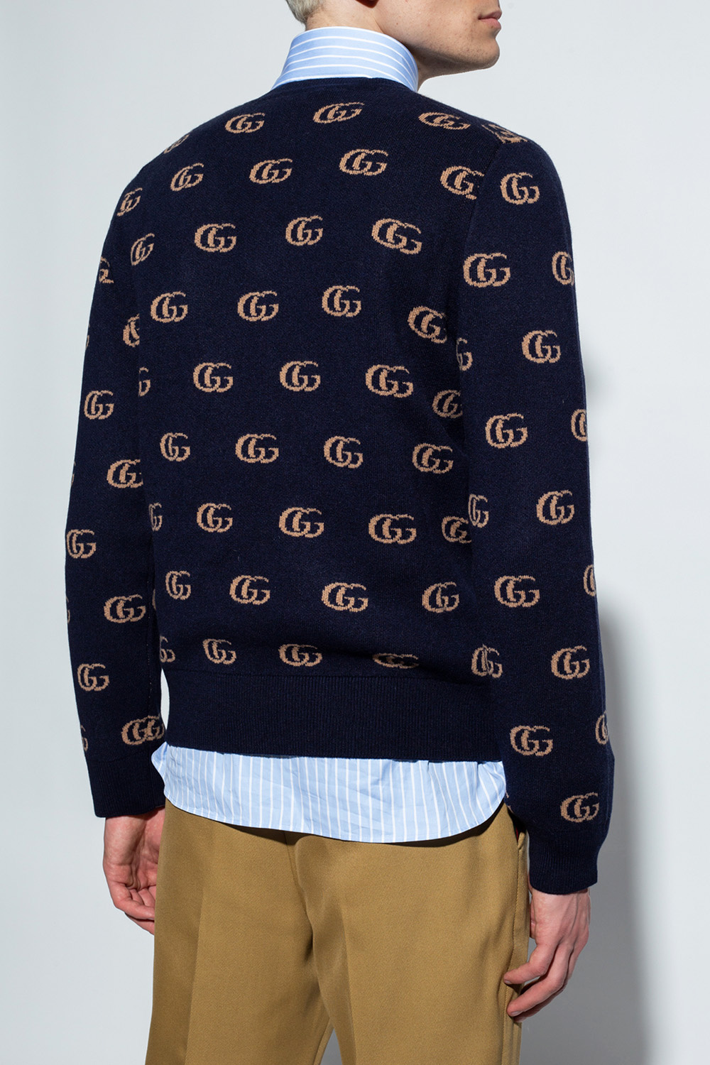 Navy blue Sweater with logo Gucci SchaferandweinerShops GB house of gucci premiere red carpet style